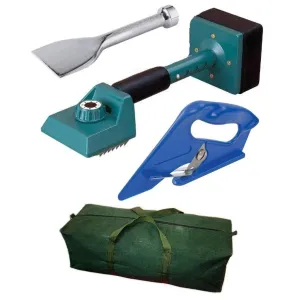 4 PC CARPET FITTING TOOL KIT - GREEN KNEE KICKER / BOLSTER / CUTTER / CANVAS BAG