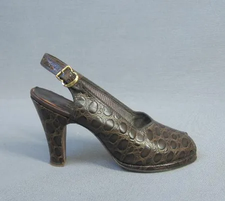 40s Slingback Platform Heels Vintage 50s Peeptoe Shoes Leather Faux Alligator Wetherby Kayser 7 VFG