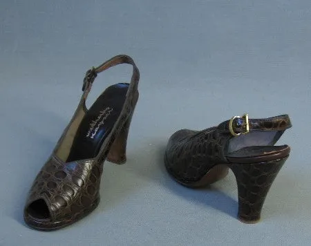 40s Slingback Platform Heels Vintage 50s Peeptoe Shoes Leather Faux Alligator Wetherby Kayser 7 VFG