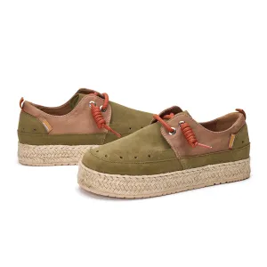 JOY&MARIO Handmade Women’s and Men's Slip-On Espadrille Cow Suede and Twill Couple Loafers in Green-05639W/M