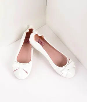 Vintage Style White Patent Leatherette Bow Ballet Flats