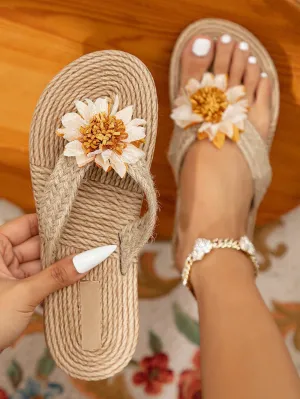 Women Flower Decor Braided Detail Flip Flops, Linen Vacation Flip-Flops