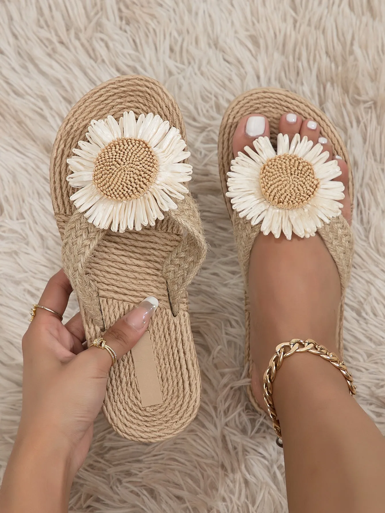 Women Flower Decor Braided Detail Flip Flops, Linen Vacation Flip-Flops