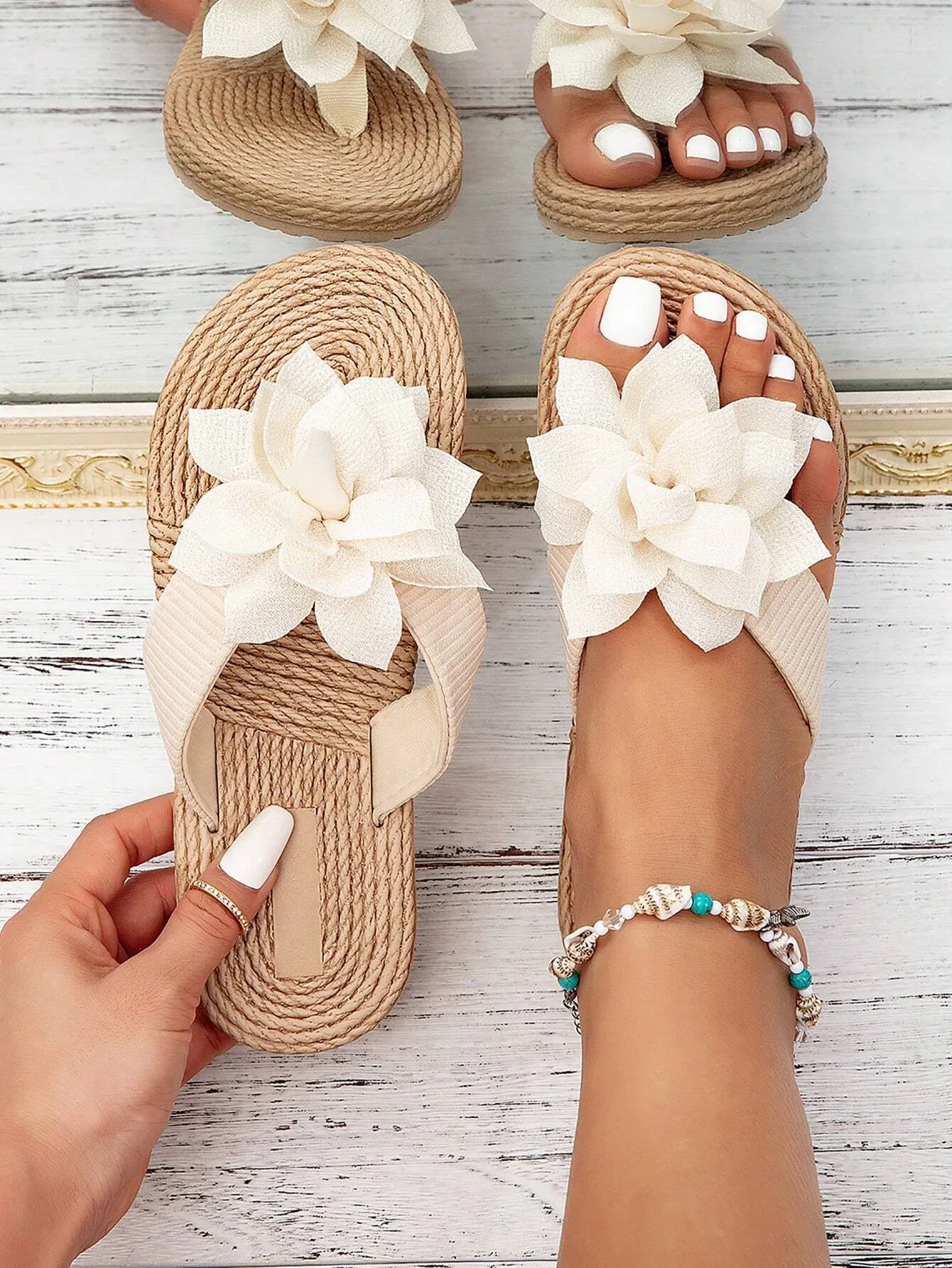 Women Flower Decor Braided Detail Flip Flops, Linen Vacation Flip-Flops